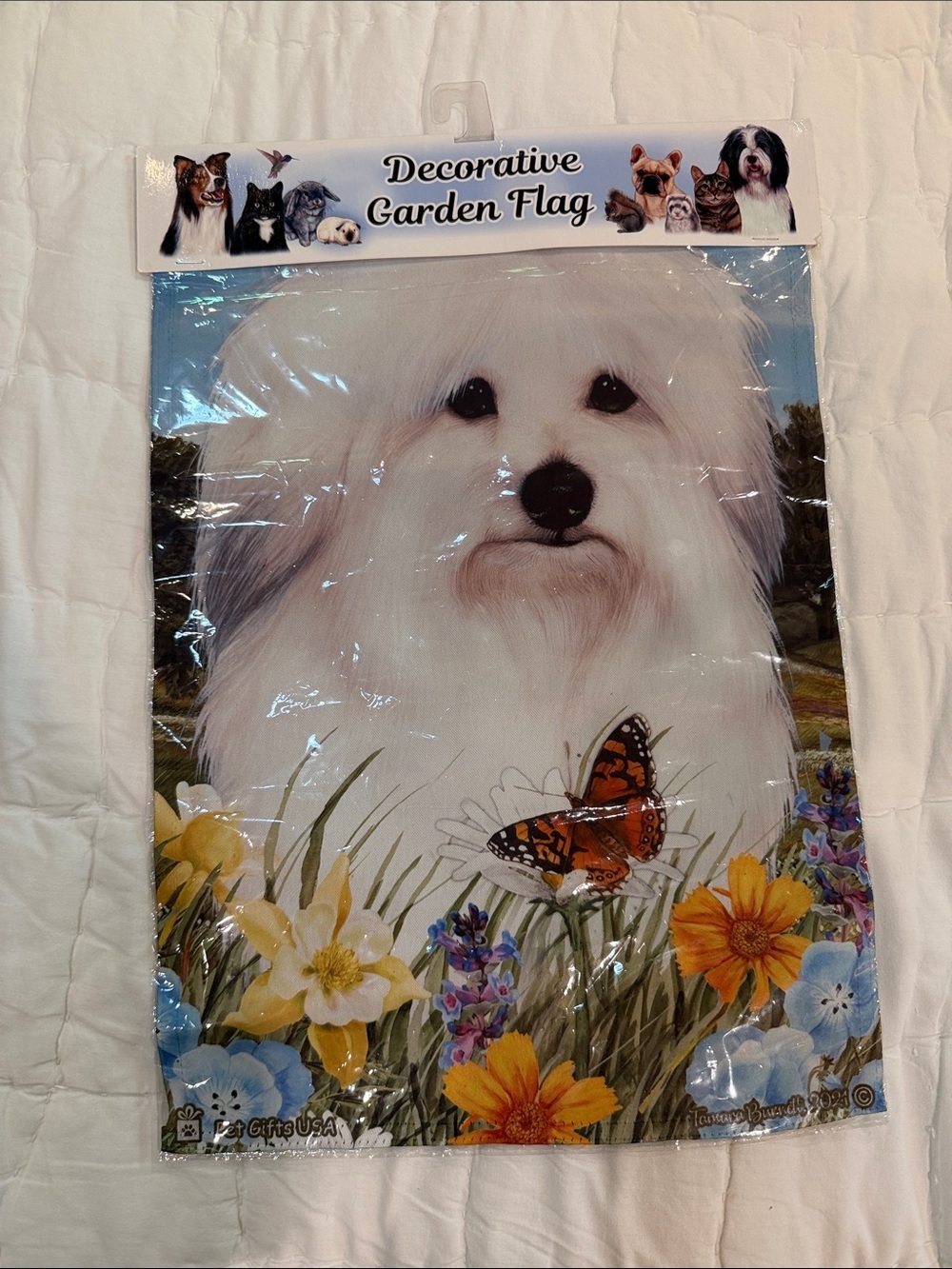 White Dog Floral Garden Flag by